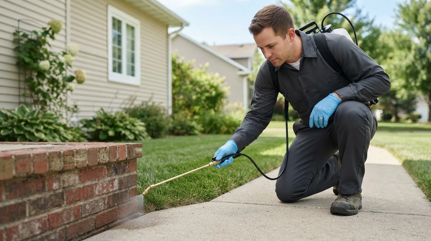 Pest control technician treating a home near Lucerne, CO
